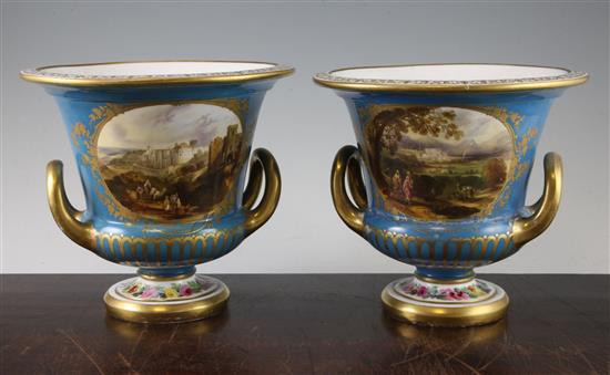 A pair of Copeland and Garrett gilt and turquoise porcelain campana urns, c.1840, 19cm